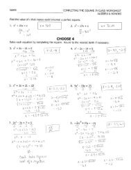 algebra & honors completing the square in class worksheet name