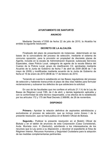 AYUNTAMIENTO DE SANTURTZI ANUNCIO Mediante Decreto ...