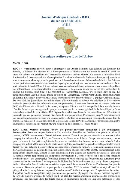 Journal d'Afrique Centrale - R.D.C. du 1er au 15 Mai 2013 nÂ°219 ...