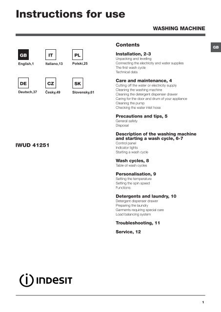 Instructions for use - Indesit