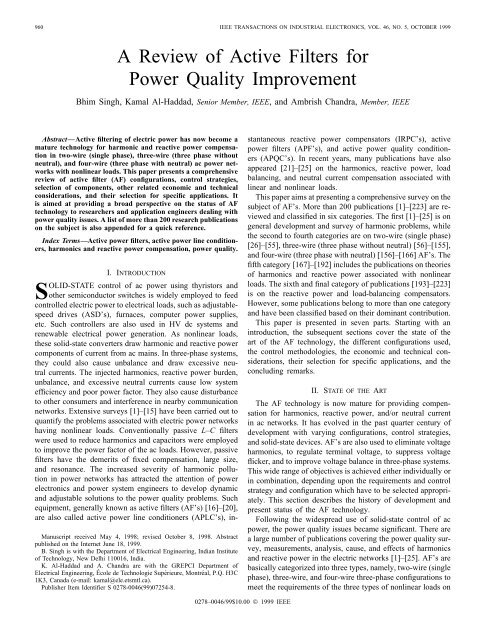 A review of active filters for power quality improvement ... - IEEE Xplore