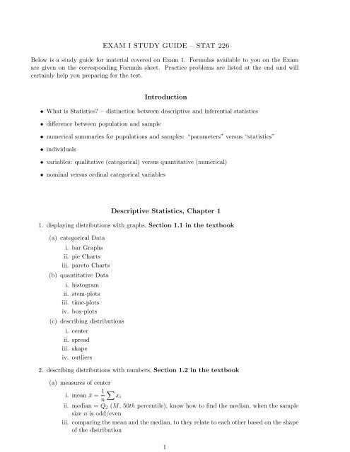 EXAM I STUDY GUIDE – STAT 226 Introduction Descriptive ...