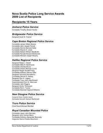 Nova Scotia Police Long Service Awards 2009 List of Recipients ...