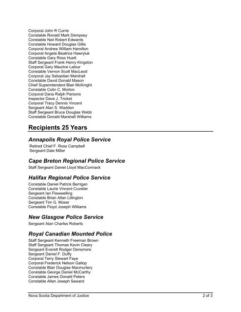 Nova Scotia Police Long Service Awards 2009 List of Recipients ...