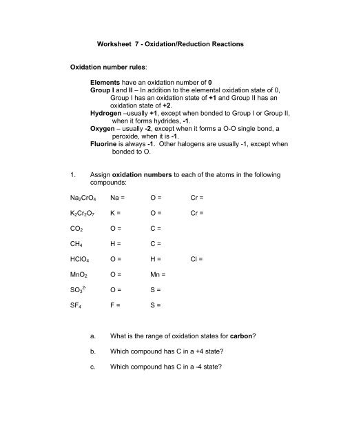 Worksheet 7 Oxidation Reduction Reactions Oxidation Number 
