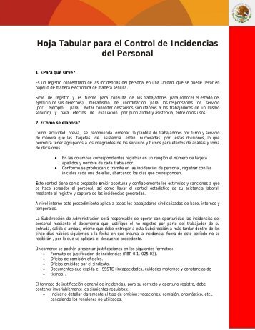 Hoja Tabular para el Control de Incidencias del Personal