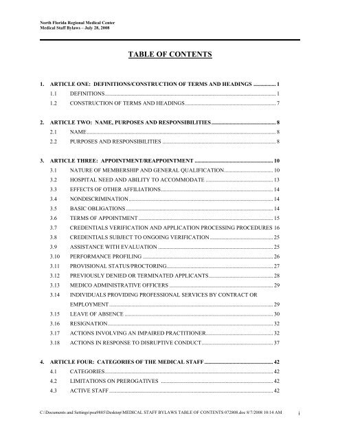 Medical Staff Bylaws Table of Contents 2008 - North Florida ...