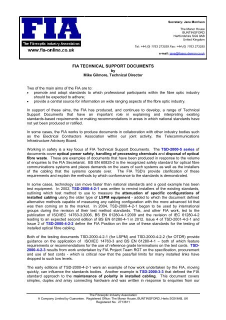 FIA TECHNICAL SUPPORT DOCUMENTS