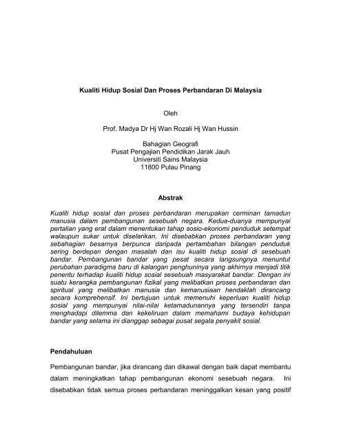 Kualiti Hidup Sosial Dan Proses Perbandaran Di Malaysia Oleh Prof 