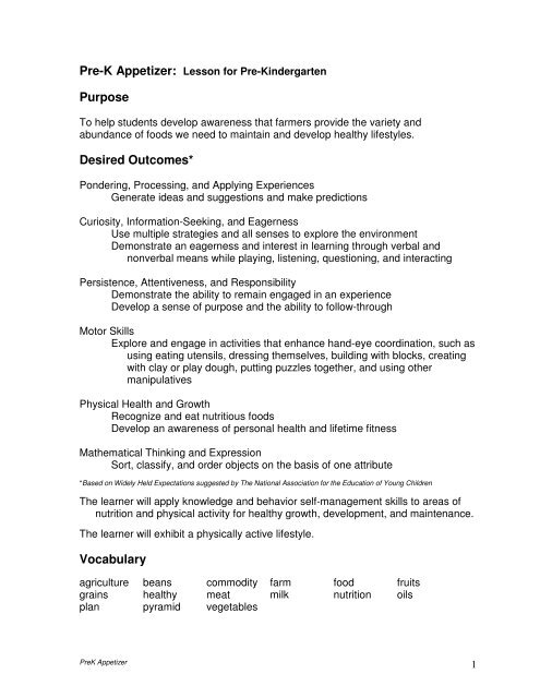 Pre-K Appetizer Lesson Plan - Agriculture in the Classroom