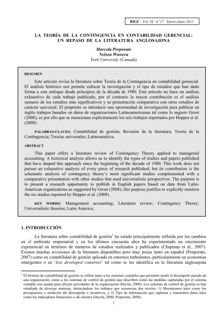 LA TEORÃA DE LA CONTINGENCIA EN CONTABILIDAD GERENCIAL