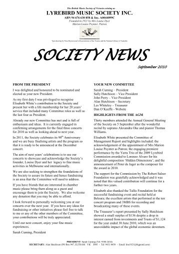 SOCIETY NEWS - Lyrebird Music Society of Victoria