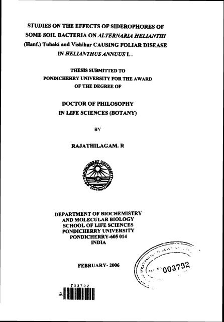 STUDIES ON THE EFFECTS OF SIDEROPHORES OF SOME SOIL ...