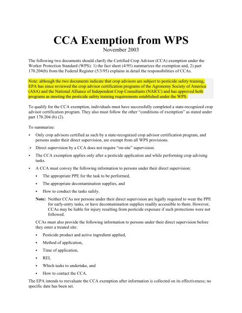 CCA Exemption from WPS