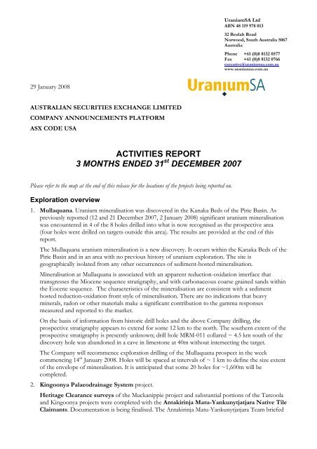 activities report 3 months ended 31 december 2007 - UraniumSA