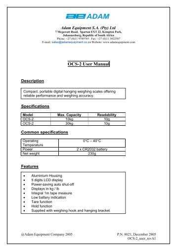 OCS-2 User Manual - Adam Equipment