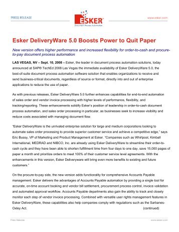 Esker DeliveryWare 5.0 Boosts Power to Quit Paper