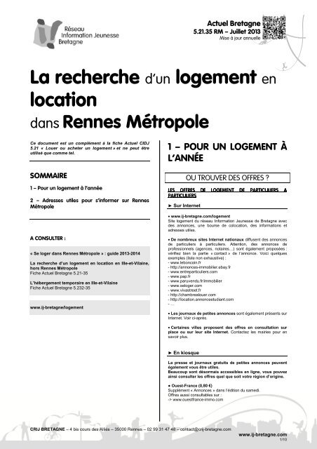 La recherche d'un logement en location Ã  Rennes ... - CRIJ Bretagne