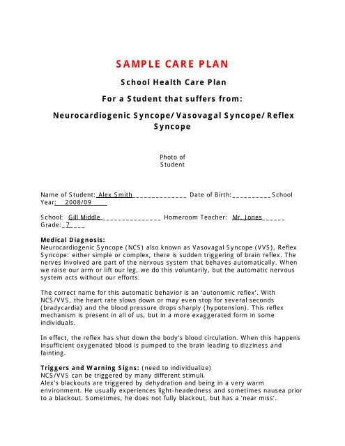 Sample Care Plan for a Child with Syncope - Stars US