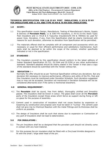 technical specification for 11& 33 kv post insulators, 11 ... - WBSEDCL