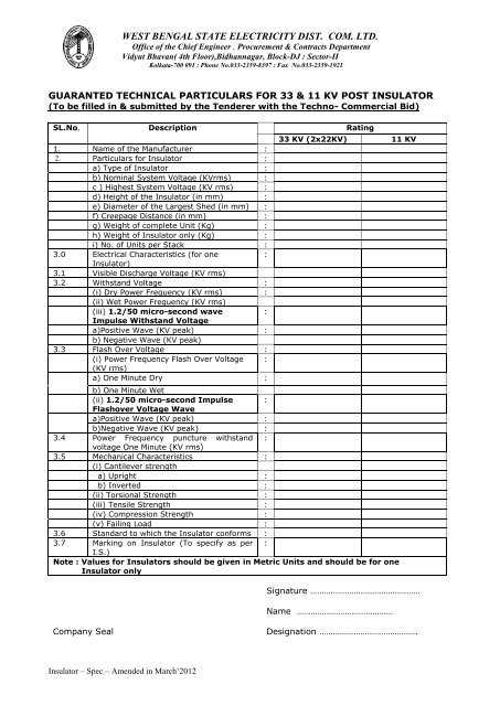 technical specification for 11& 33 kv post insulators, 11 ... - WBSEDCL