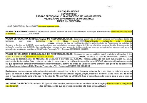 Edital PregÃ£o Presencial - Processo 31/2006 - Junta Comercial do ...