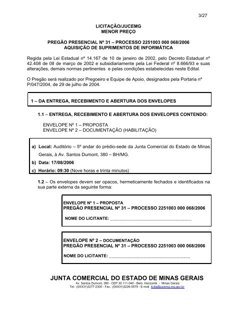 Edital PregÃ£o Presencial - Processo 31/2006 - Junta Comercial do ...