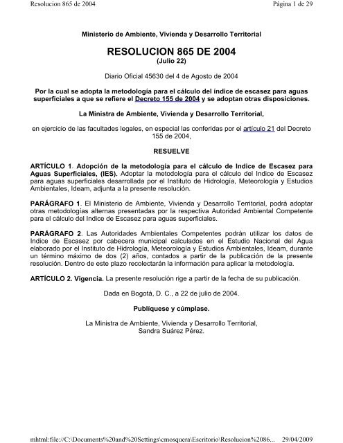 Resolución 865, julio 22 de 2004 - Corporación Autónoma Regional ...