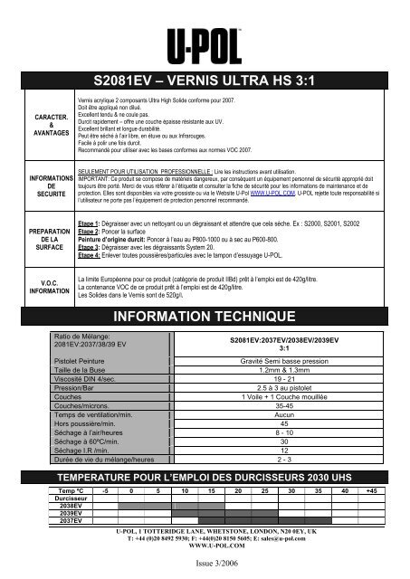 s2081ev â vernis ultra hs 3:1 information technique - U-Pol