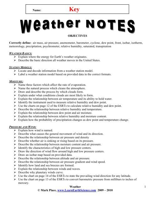 Key to Weather notes - Learn Earth Science