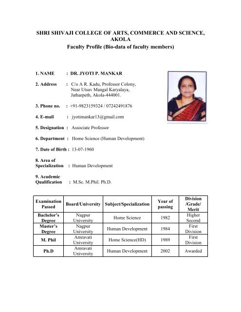 Sivaji Callge Sex - personal profile Dr. Mankar.pdf - Shri Shivaji College of Arts ...