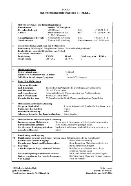 VOCO Sicherheitsdatenblatt (Richtlinie 91/155/EEC) - kleindental