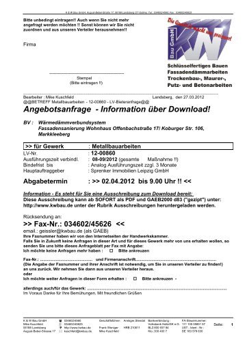 Abgabetermin : >> 02.04.2012 bis 9.00 Uhr - K & W Bau GmbH