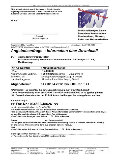 Abgabetermin : >> 02.04.2012 bis 9.00 Uhr - K & W Bau GmbH