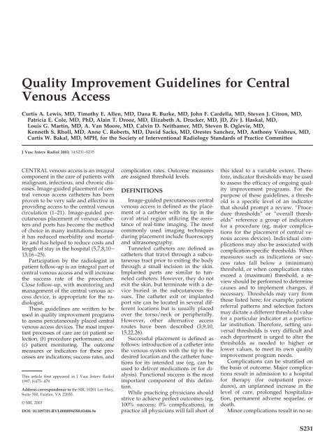 Quality Improvement Guidelines for Central Venous Access
