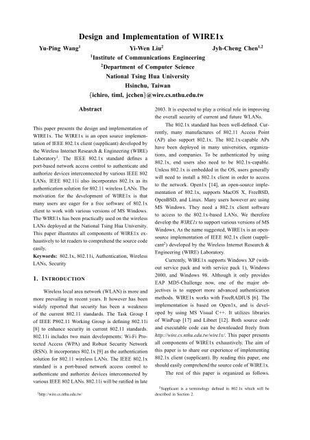 Design and Implementation of WIRE1x - Wireless Internet Research ...