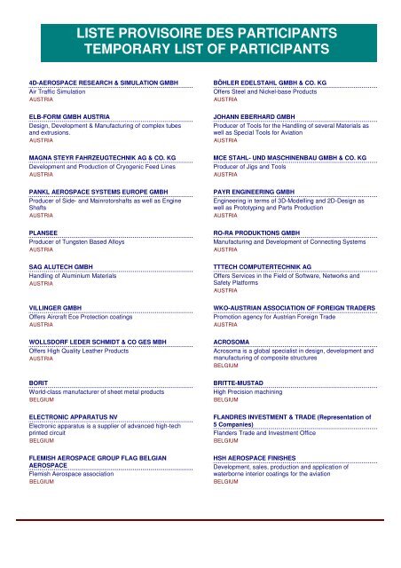 Liste Provisoire Des Participants Temporary List Of i Aerospace Liste Provisoire Des Participants Temporary List Of i Aerospace