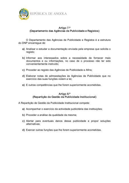 Regulamento Interno da DirecÃ§Ã£o Nacional de Publicidade - saflii