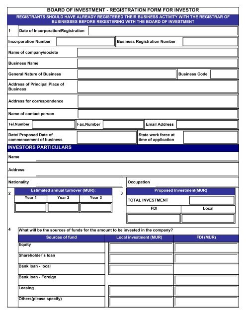 Registration Form for Investors