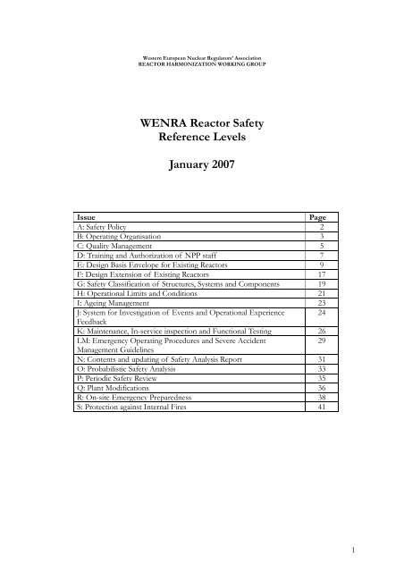 WENRA Reactor Safety Reference Levels January 2007