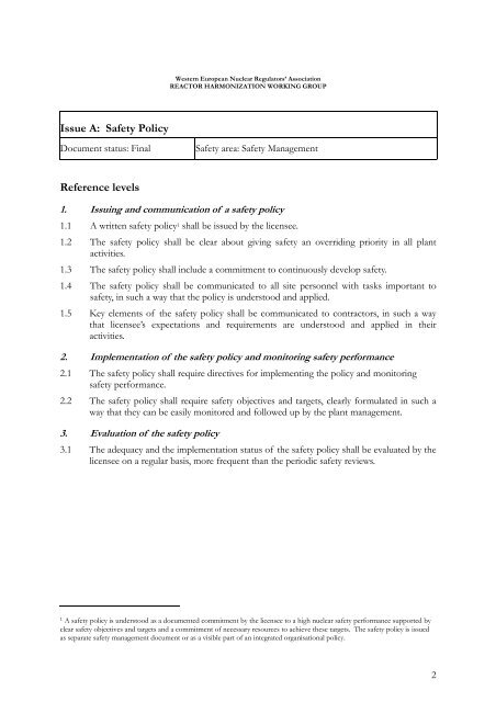 WENRA Reactor Safety Reference Levels January 2007