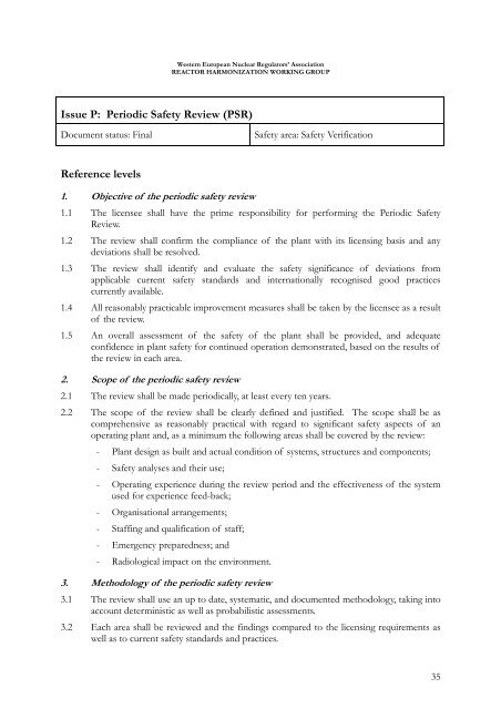 WENRA Reactor Safety Reference Levels January 2007