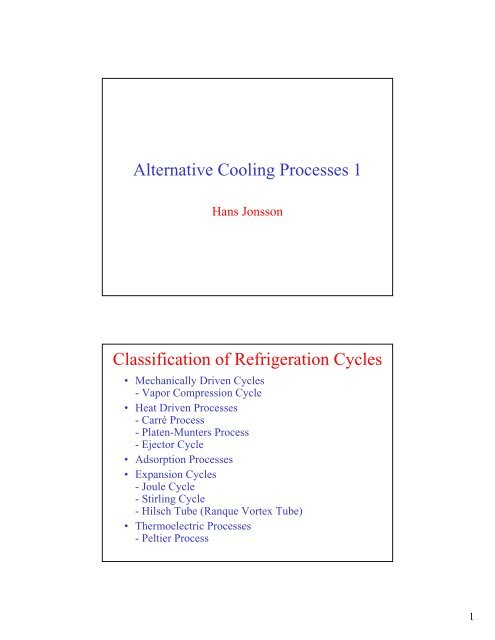 Alternative Cooling Processes 1 Classification of Refrigeration Cycles