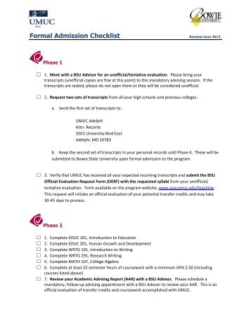 Formal Admission Checklist - UMUC Asia