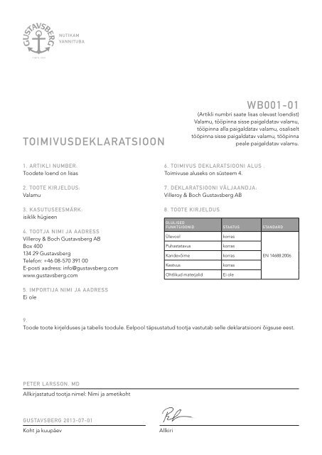 TOIMIVUSDEKLARATSIOON WB001-01 - Gustavsberg
