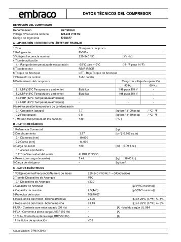 DATOS TÃCNICOS DEL COMPRESOR - Embraco