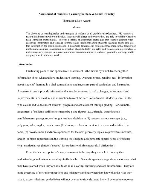 Assessment of Students' Learning in Plane & Solid Geometry ...