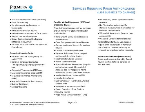 services requiring prior authorization - Premera Blue Cross