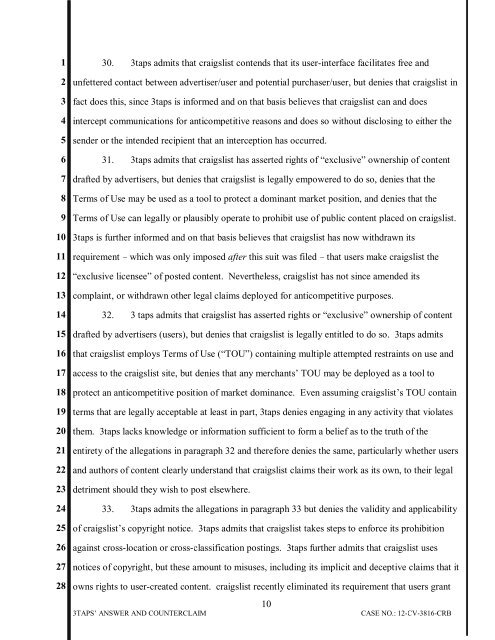 3TAPS, INC.'S ANSWER AND COUNTERCLAIM Case No. CV-12 ...