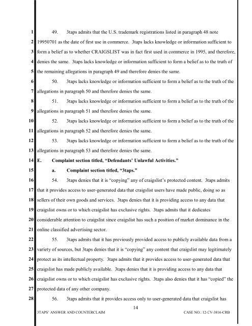 3TAPS, INC.'S ANSWER AND COUNTERCLAIM Case No. CV-12 ...